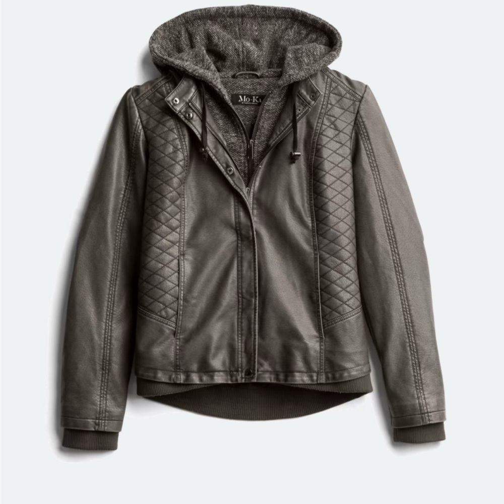 Mo-Ka Meriam Knit Hooded Faux Leather Jacket - Black/Dark Grey